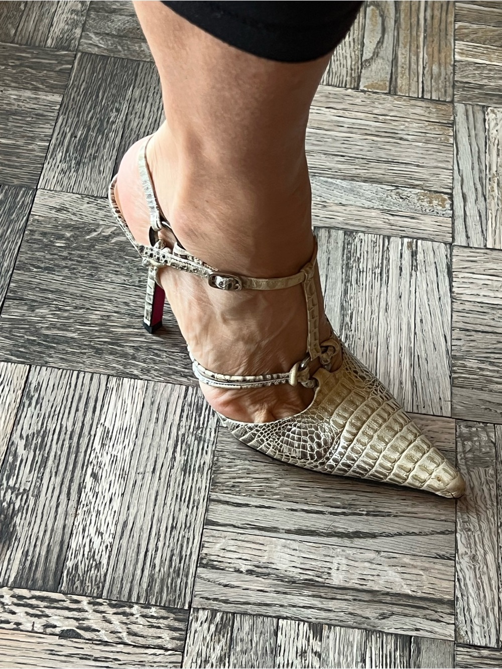 Emanuel Ungaro Cream Snake-Embossed Pointed Slingback Heels - Picture 2 of 7
